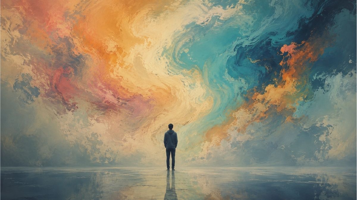 Solitary figure beneath swirling abstract colors reflecting themes explored in abstract poems