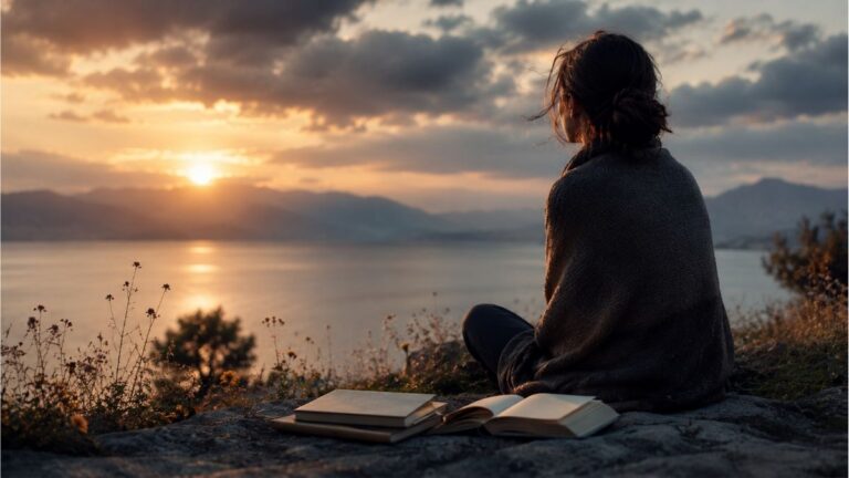 girl sitting beside open books overlooking a peaceful lake at sunset for After a While poem analysis