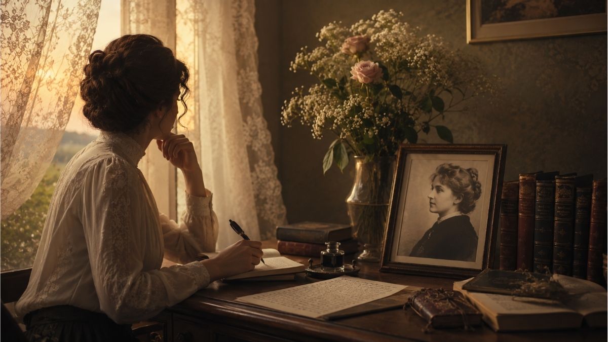 Vintage writing desk with classic books, flowers, and a woman reflecting beside a window inspired by Alice Cary poems