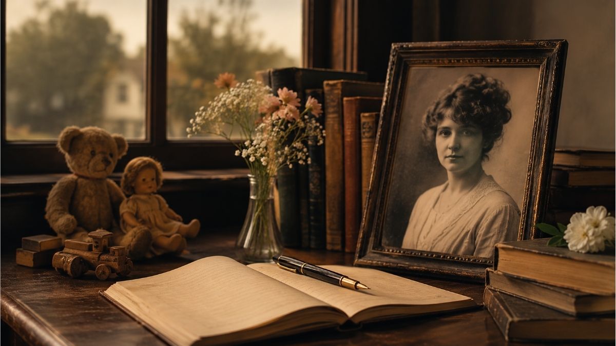 Vintage writing desk with classic books, children's toys, an open notebook, and a framed portrait in a warm literary setting