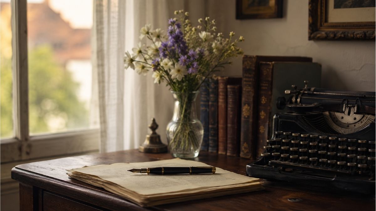 Vintage writing desk with a classic typewriter, fountain pen, old books, and fresh flowers in soft natural light, representing Amy Lowell poems and literary analysis