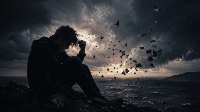 Solitary person sitting on rocky cliffs beneath dark storm clouds with crashing waves, reflecting rage and betrayal