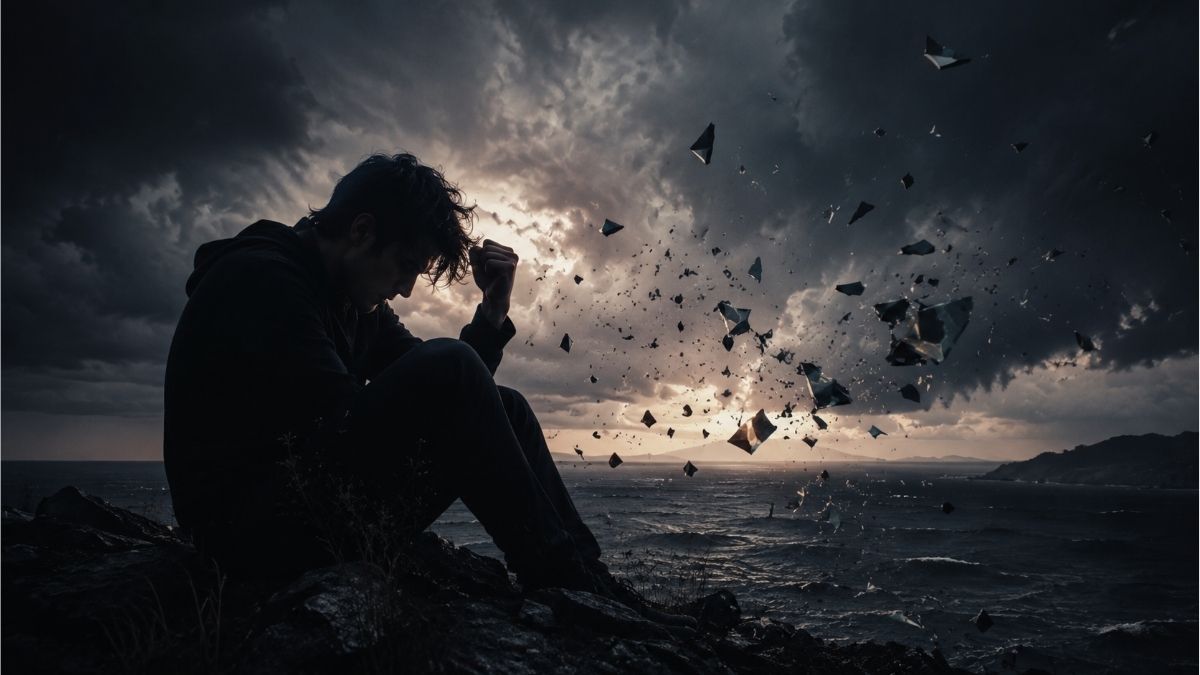 Solitary person sitting on rocky cliffs beneath dark storm clouds with crashing waves, reflecting rage and betrayal