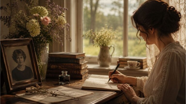 Writer at a vintage desk with classic books, flowers, and a framed portrait in warm natural light