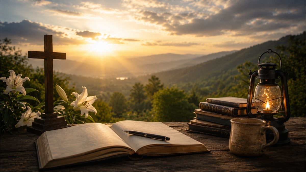 Wooden cross, open journal, lantern, and classic books overlooking a peaceful mountain sunrise
