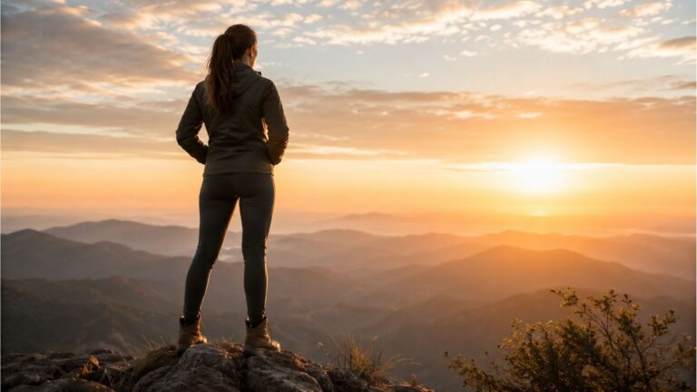 Confident girl standing on a mountain at sunrise overlooking a vast landscape, symbolizing self-respect, confidence, and life's journey