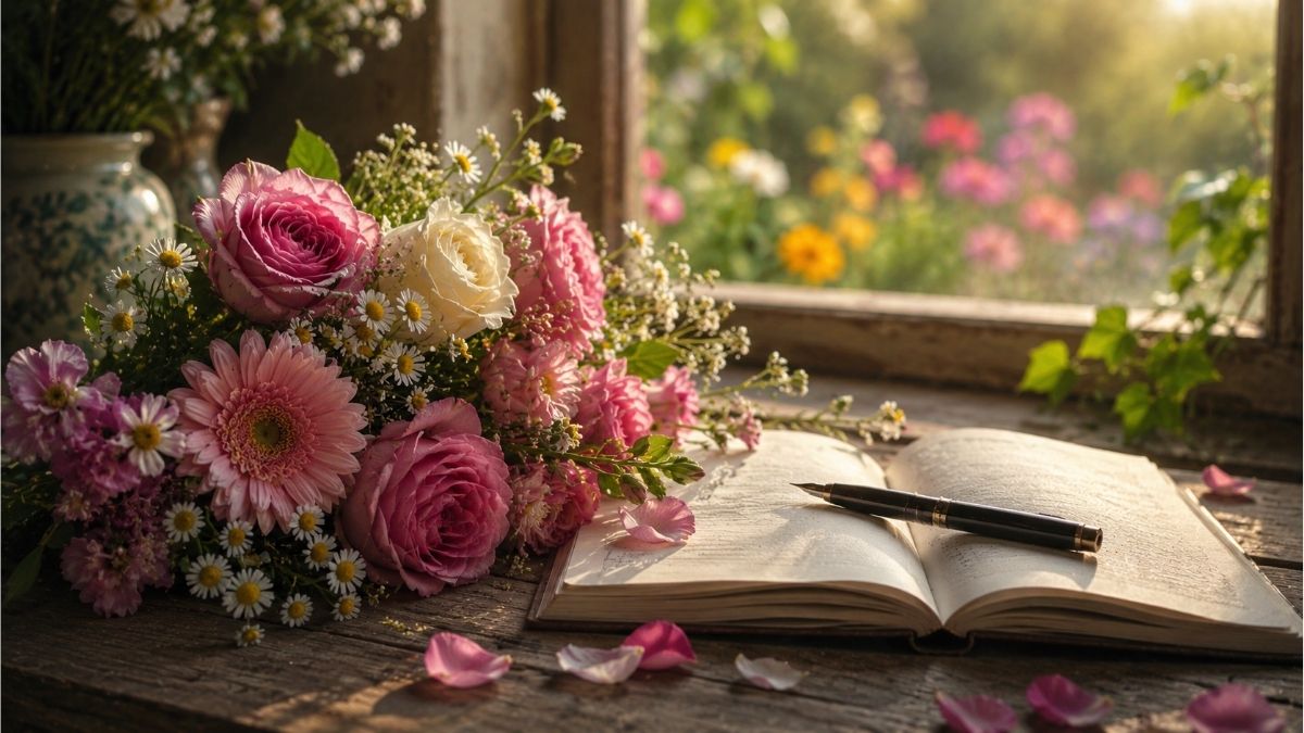 Fresh bouquet of colorful flowers beside an open notebook in warm sunlight for flower poetry