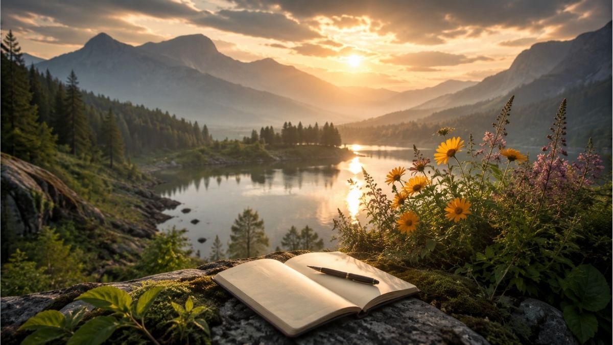 Open notebook overlooking a peaceful mountain lake with wildflowers and a golden sunset in nature