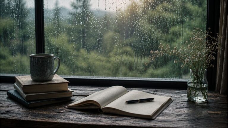 Rain-covered window behind an open notebook, books, coffee mug, and flowers for rain poems