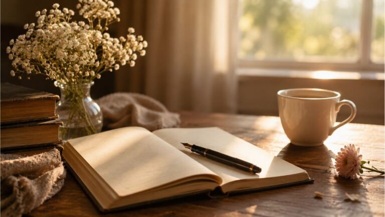 Open notebook with a fountain pen beside fresh flowers and a coffee cup in warm morning light