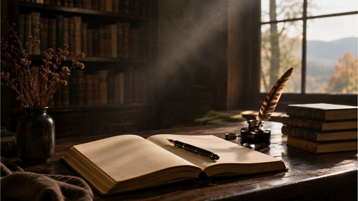 Open notebook with a fountain pen on a wooden desk in a classic literary study surrounded by books