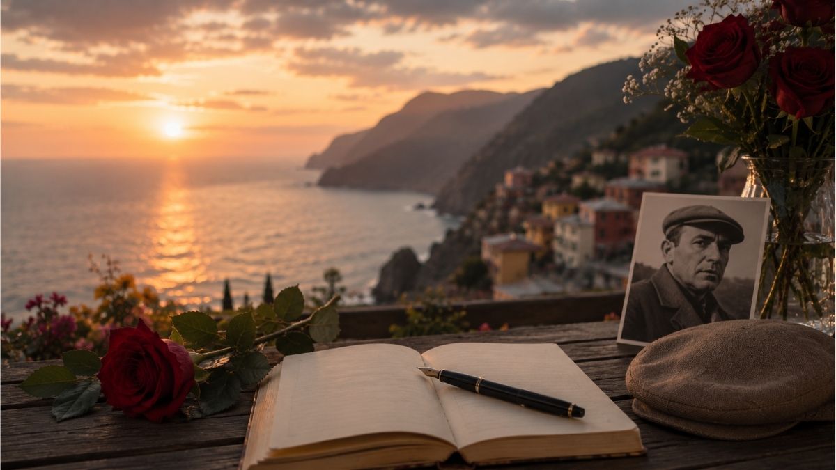 Open notebook with red roses overlooking a seaside sunset inspired by Pablo Neruda love poems