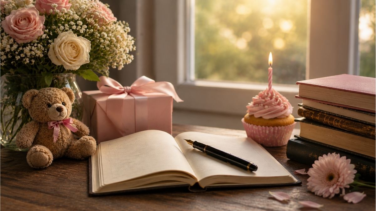 Open notebook with a fountain pen beside a birthday gift, flowers, teddy bear, and cupcake with a candle