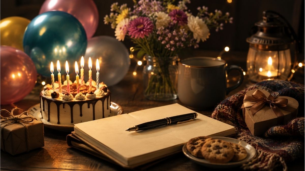 Birthday cake with candles, wrapped gifts, balloons, flowers, and an open notebook for birthday poems for friends