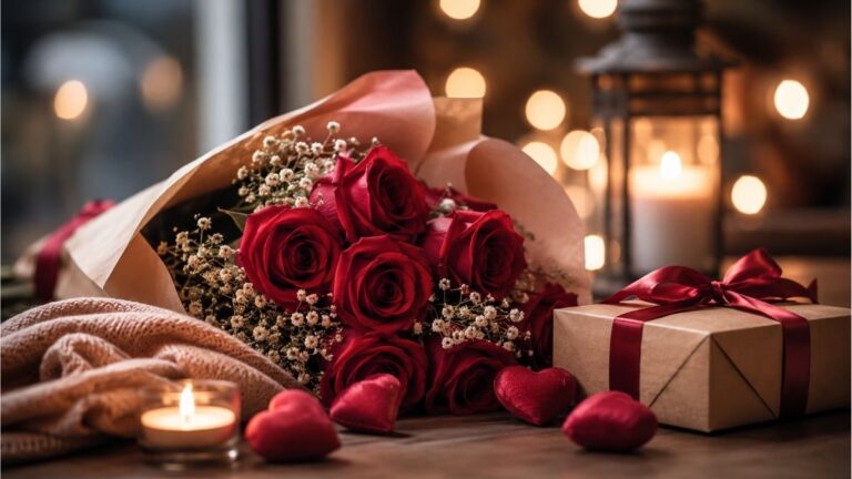 Romantic bouquet of red roses with a wrapped gift and glowing candles for a girlfriend's birthday celebration