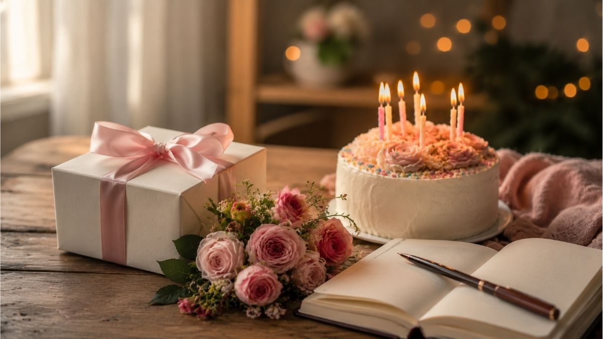 Birthday cake with lit candles, pink roses, a wrapped gift, and an open notebook for sister birthday poems