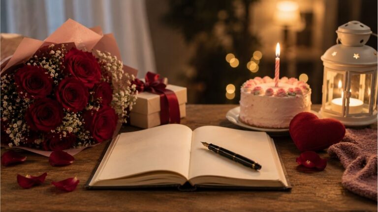Romantic birthday setup with red roses, a lit cake, open notebook, gift box, and heart decoration