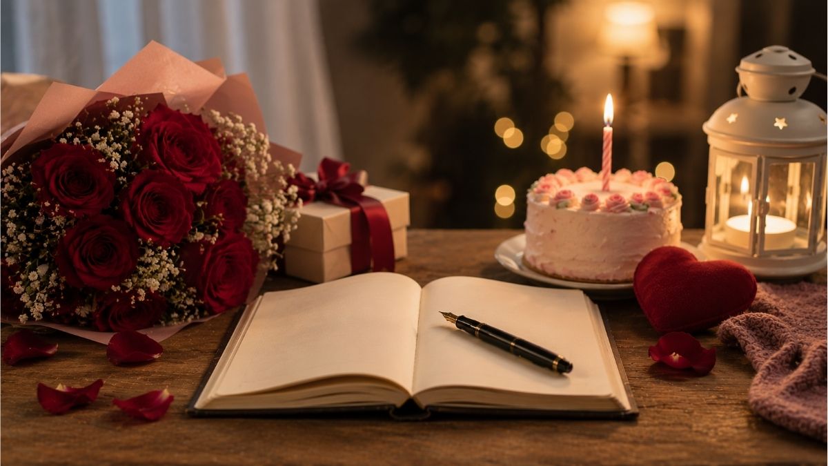 Romantic birthday setup with red roses, a lit cake, open notebook, gift box, and heart decoration