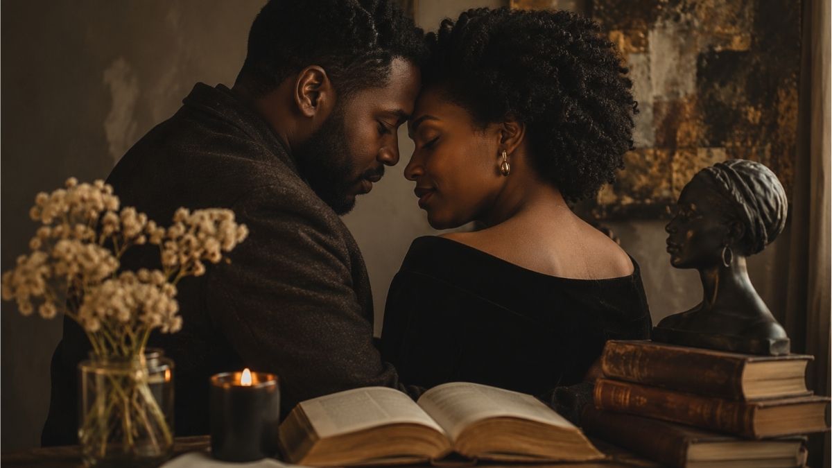 Black couple sharing a tender moment beside classic books and candlelight, reflecting devotion in classic Black love poems