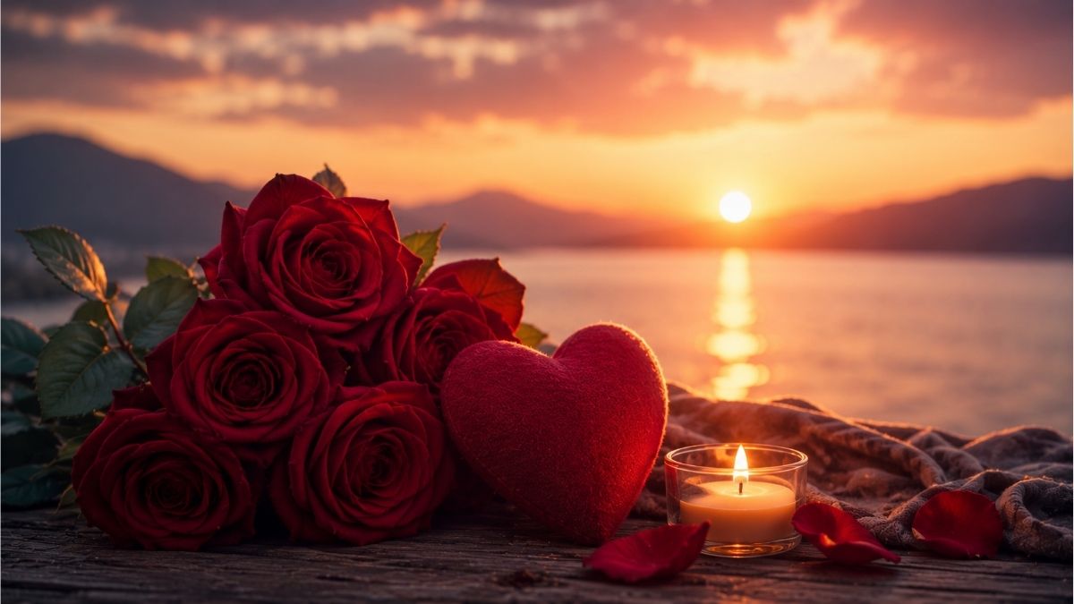 Red roses, heart-shaped keepsake, and a glowing candle beside a peaceful sunset for romantic love poetry