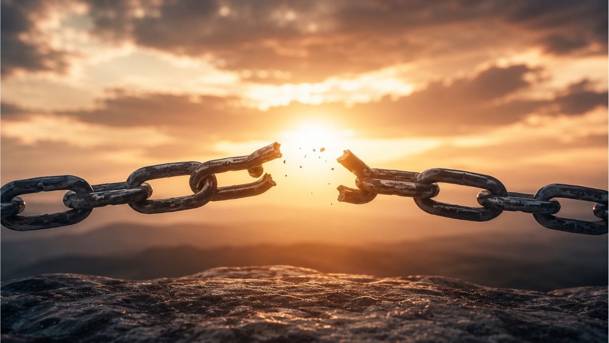 Broken metal chain illuminated by a golden sunrise over distant mountains representing the central theme of The Broken Chain poem
