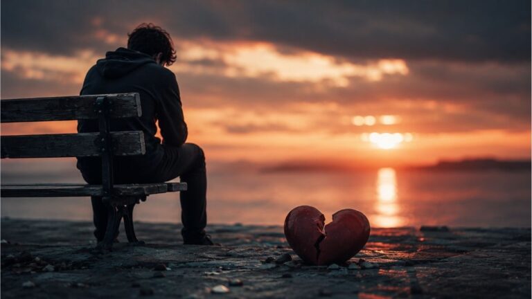 Person sitting alone on a bench beside the water at sunset with a broken heart sculpture in the foreground, reflecting broken heart poems
