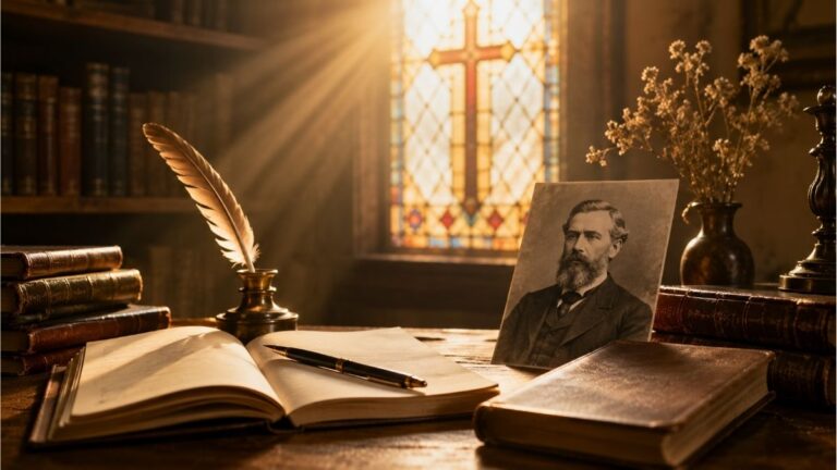 Vintage writing desk with classic books, a quill, and a portrait representing Caleb Davis Bradlee and his Christian poetry