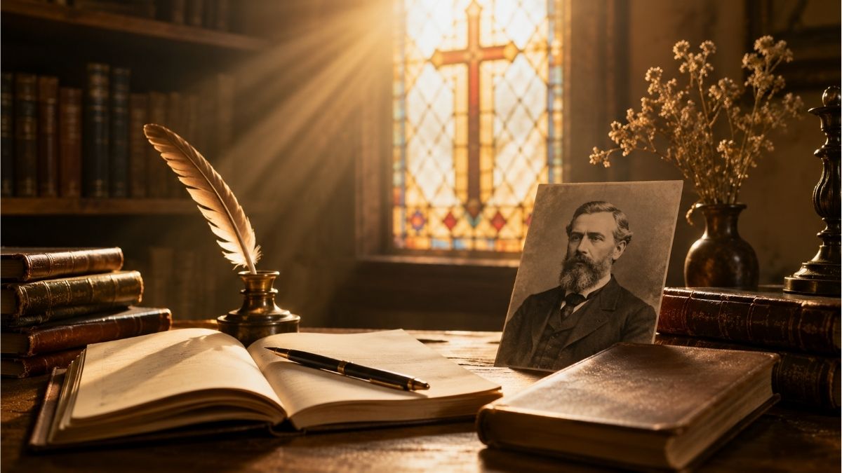 Vintage writing desk with classic books, a quill, and a portrait representing Caleb Davis Bradlee and his Christian poetry