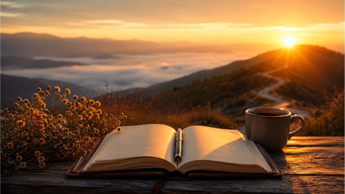 Open journal with a pen overlooking a sunrise mountain landscape representing motivational poetry and reflection