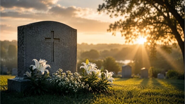 Christian cross headstone with white lilies in a peaceful cemetery at sunrise for memorial poetry