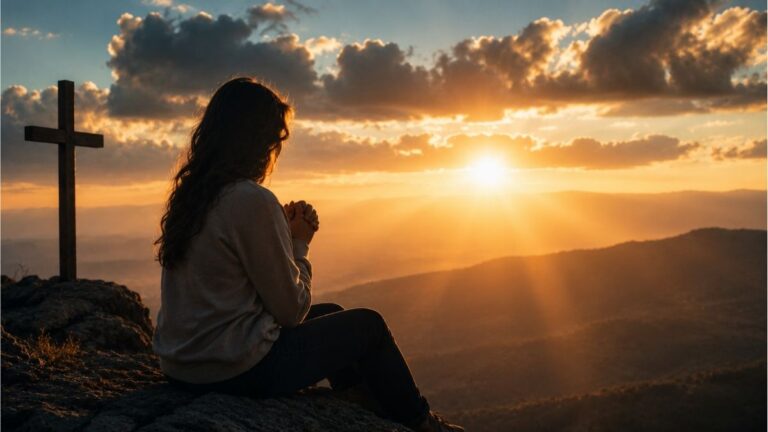 Young woman praying beside a cross at sunrise with Christian faith overcoming fear