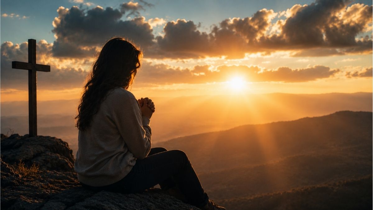 Young woman praying beside a cross at sunrise with Christian faith overcoming fear