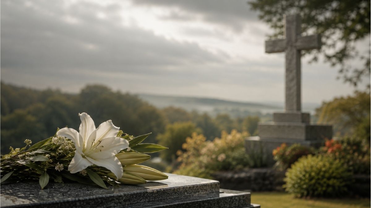 White lilies resting on a memorial stone with a cross monument in a peaceful cemetery under overcast skies