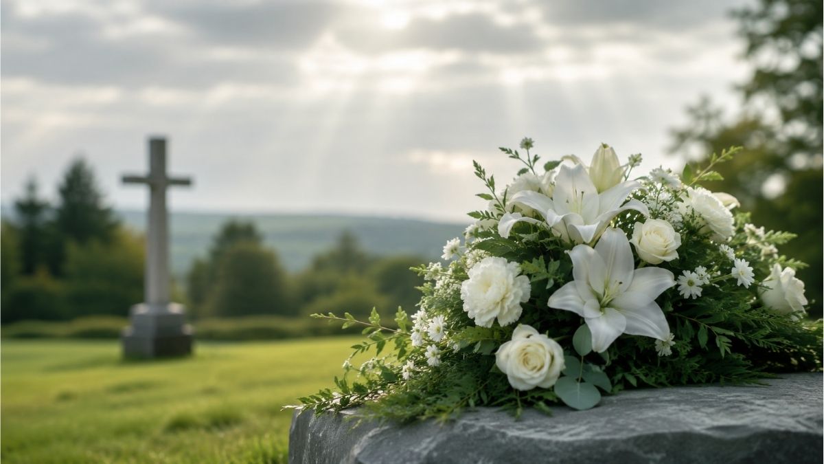 White funeral flowers on a stone memorial with a distant cross beneath soft cloudy skies
