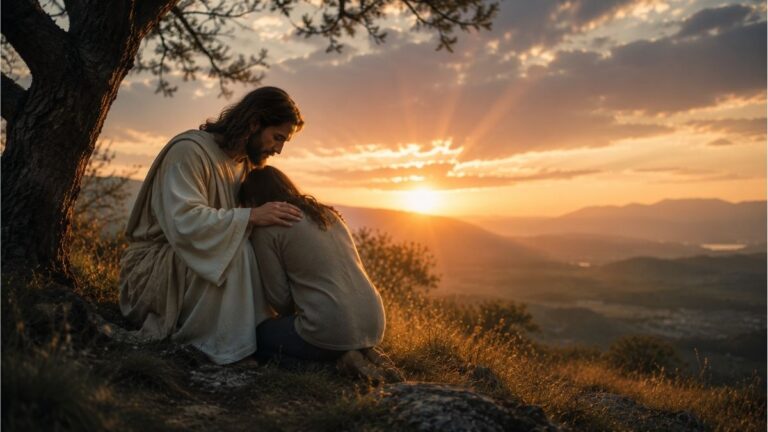 Compassionate figure comforting a person beneath a tree at sunset, symbolizing God’s care, comfort, and hope