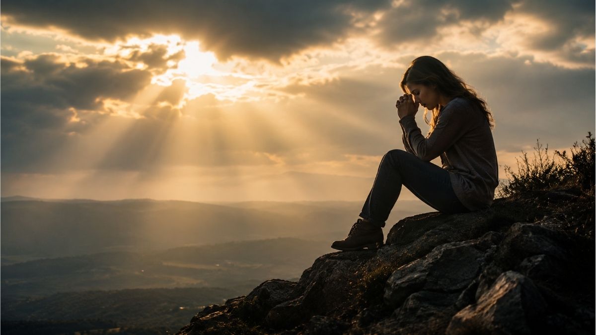girl praying on a rocky hill beneath dramatic sunbeams breaking through dark clouds during difficult times