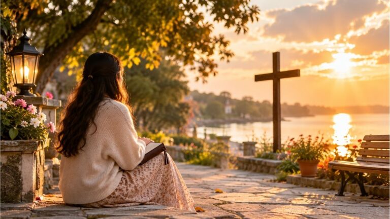 Young woman sitting near a wooden cross by a peaceful lakeside at sunset, reflecting on God's plan and purpose