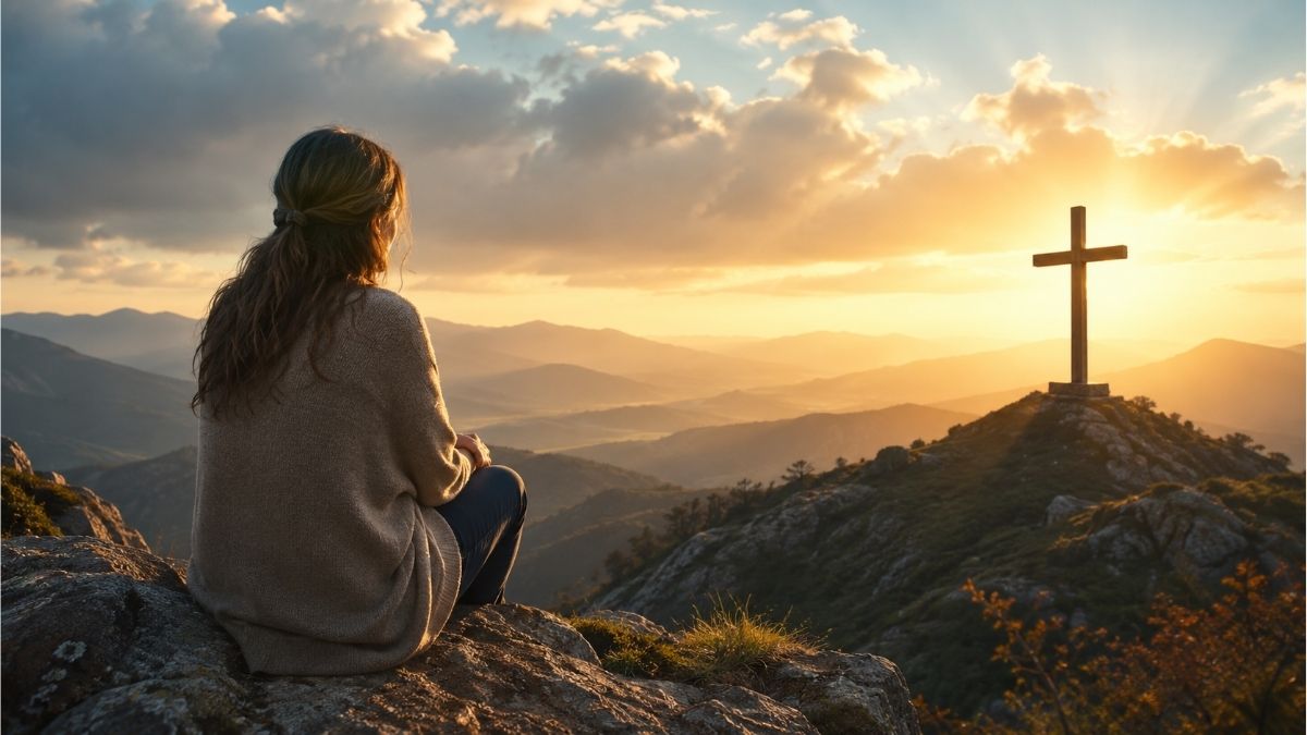 women overlooking a mountain landscape at sunrise with a cross on a distant hill, symbolizing faith and God's provision