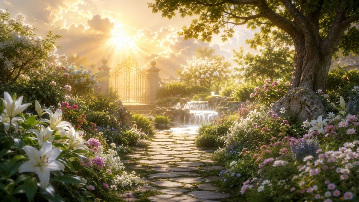 Sunlit garden path surrounded by blooming flowers leading toward a peaceful heavenly entrance, symbolizing Christian faith and hope