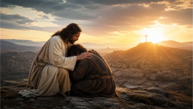 Jesus comforting a grieving person at sunrise with a distant cross symbolizing God's mercy, grace, and forgiveness