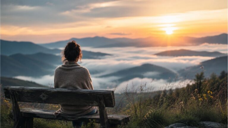 girl sitting on a wooden bench overlooking a sunrise above misty mountains, reflecting the theme of Christian God’s perfect timing and faithful waiting