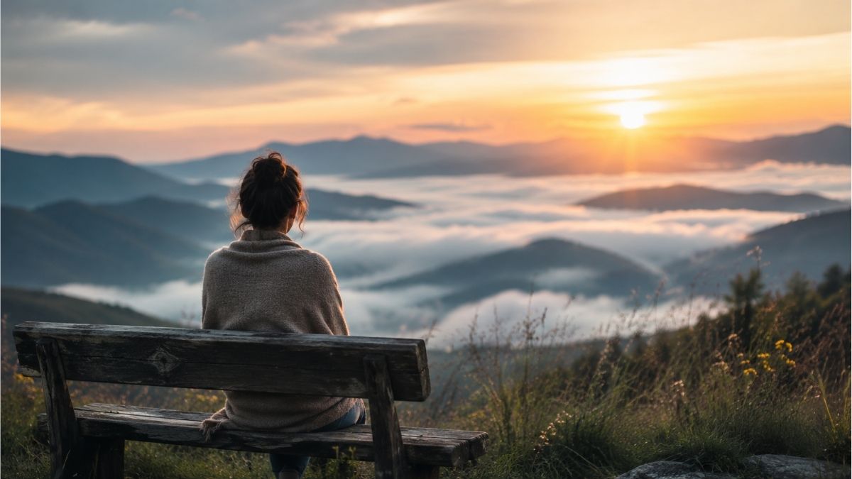 girl sitting on a wooden bench overlooking a sunrise above misty mountains, reflecting the theme of Christian God’s perfect timing and faithful waiting