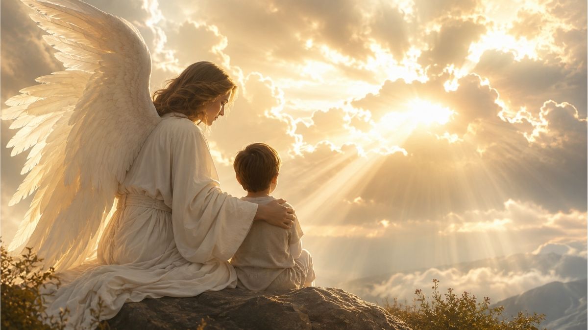 Guardian angel comforting a child beneath golden rays of light, reflecting Christian poems about angels and heavenly hope