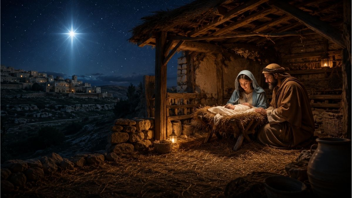 Nativity scene in Bethlehem with Mary, Joseph, and baby Jesus beneath a bright star