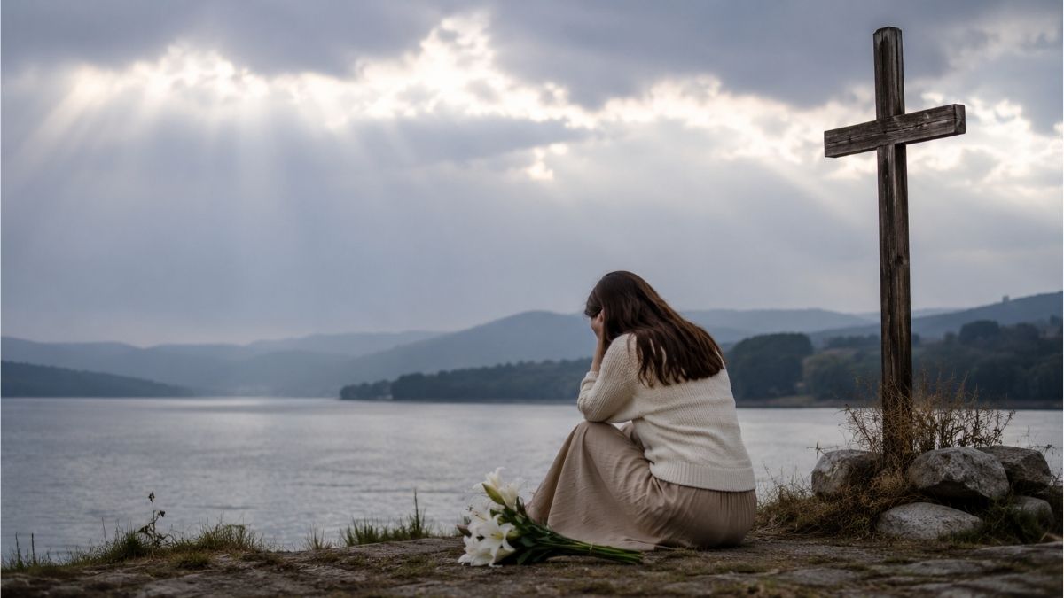 Women sitting beside a wooden cross with white lilies overlooking a calm lake under cloudy skies, reflecting Christian grief and healing