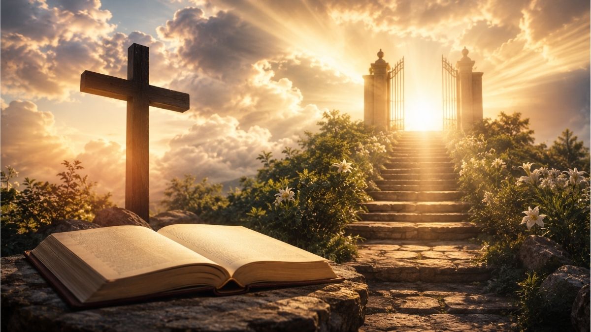 Open Bible beside a cross with a sunlit path leading toward heavenly gates, symbolizing faith, hope, and eternal life