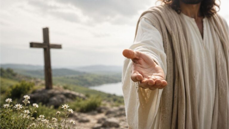 Jesus extending an open hand beside a wooden cross in a peaceful countryside under soft cloudy skies