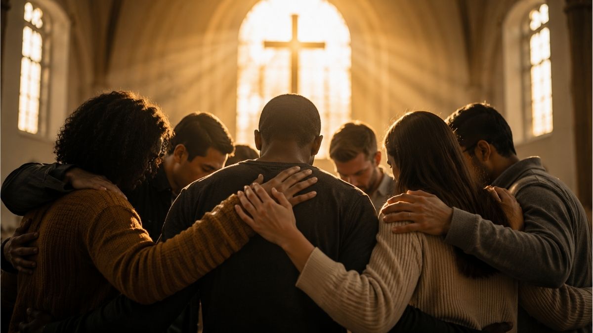 Group of Christians praying together in a church, reflecting fellowship, unity, and shared faith