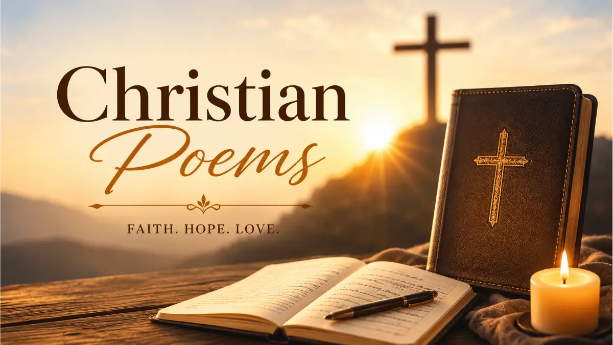 Christian poems with Bible, cross, candle and writing journal at sunrise