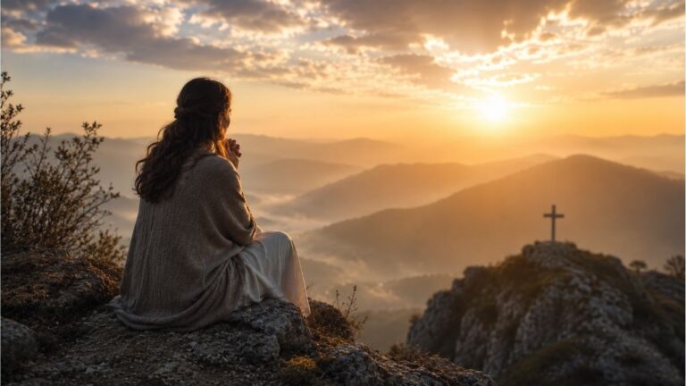 women praying on a mountain at sunrise with a distant cross, reflecting faith and trust in God